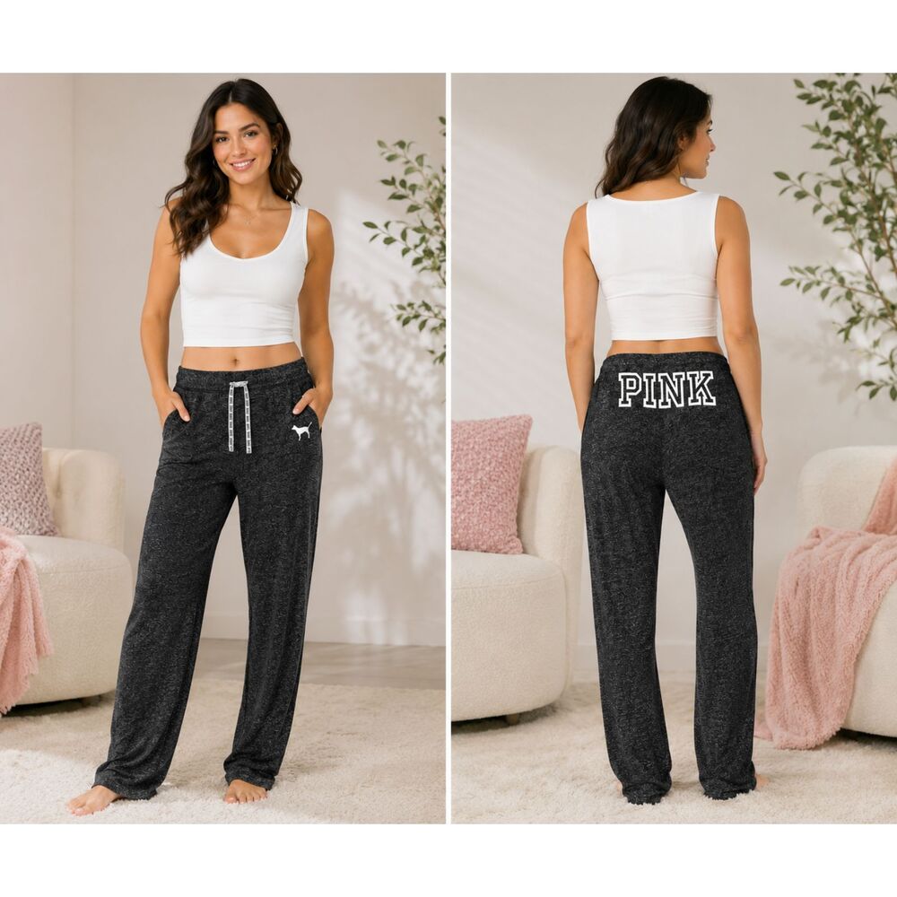 PINK Victoria's Secret Lounge Sleep Pants Women's L Black Marled Drawstring #18
